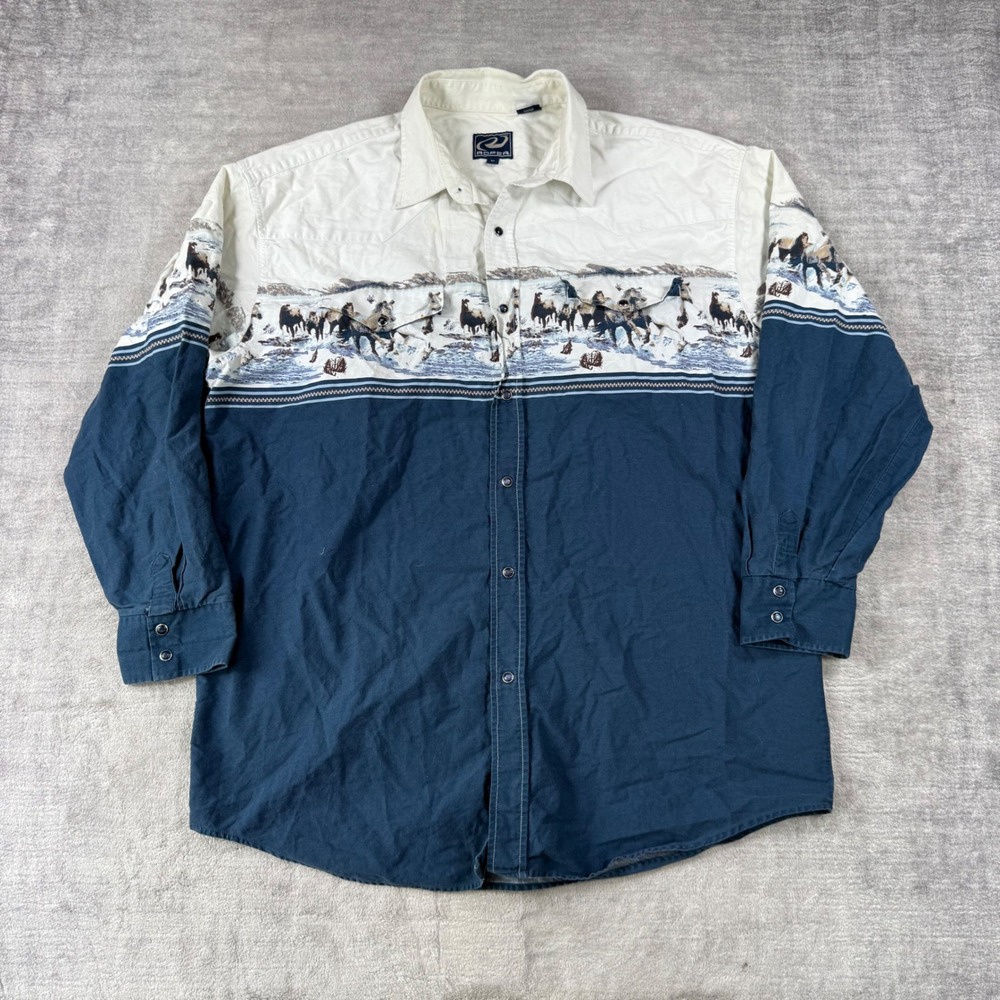 Roper Shirt Mens XL Blue Western Horse Wrap Around Print Pearl Snap Nature